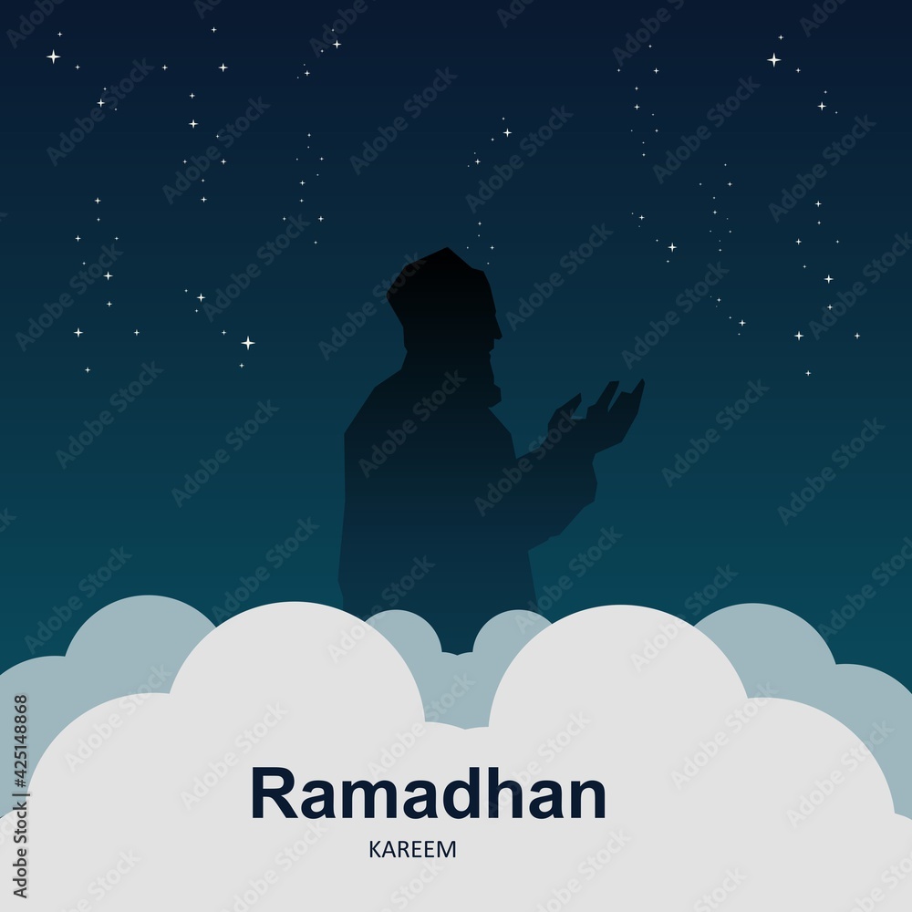 Holy month of islam ramadhan kareem with man pray at night. Illustration vector graphic perfect for concept of presentation, banner, cover and promotion