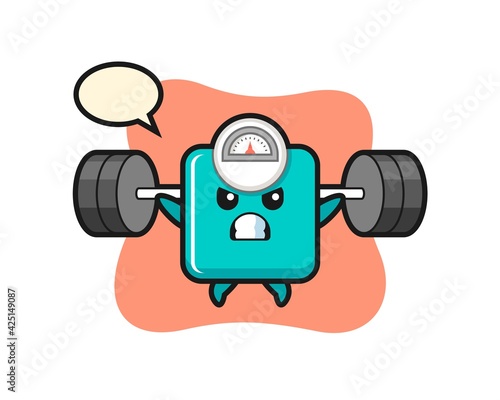 weight scale mascot cartoon with a barbell