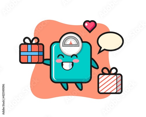 weight scale mascot cartoon giving the gift