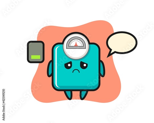 weight scale mascot character doing a tired gesture