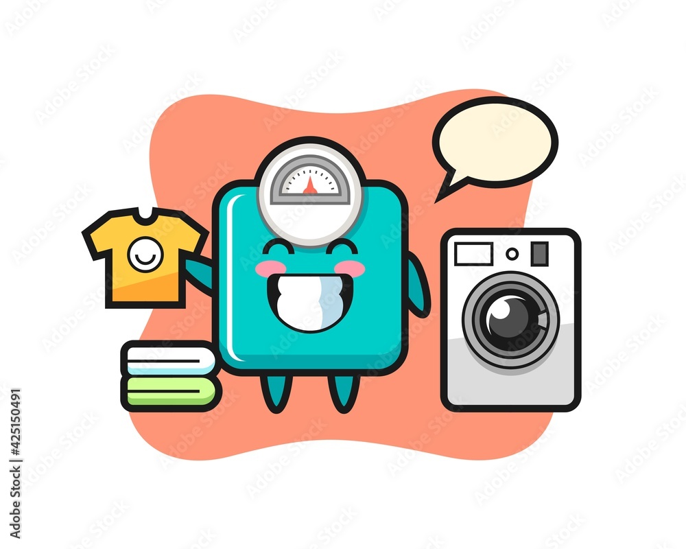 Mascot cartoon of weight scale with washing machine