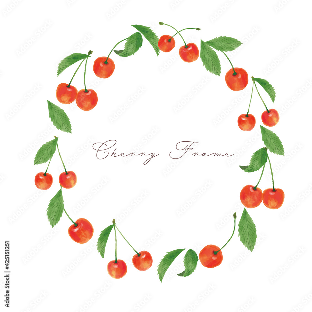 さくらんぼ　サクランボ　チェリー　白　丸　枠　手描き　イラスト

