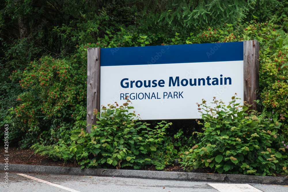 View of sign Welcome to The Grouse Mountain in North Vancouver. View of sign Welcome to The Grouse Mountain in North Vancouver.
