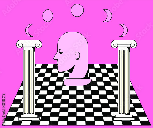 Surrealistic landscape with Roman columns and checkered floor