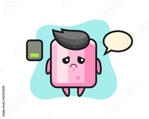 marshmallow mascot character doing a tired gesture