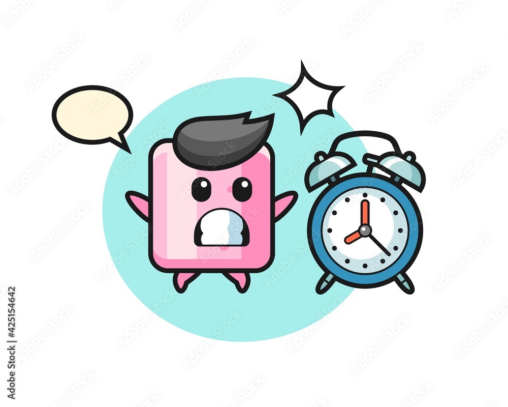 Cartoon Illustration of marshmallow is surprised with a giant alarm clock Cartoon Illustration of marshmallow is surprised with a giant alarm clock