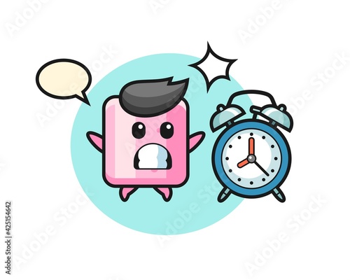 Cartoon Illustration of marshmallow is surprised with a giant alarm clock