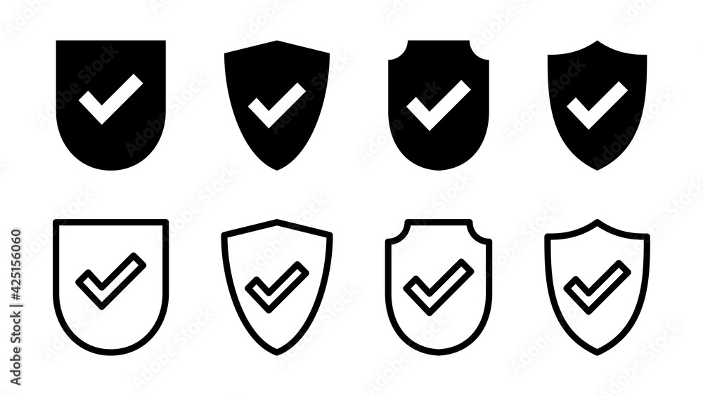Shield check mark icon set. Protection approve sign. Safe icon vector Shield check mark icon set. Protection approve sign. Safe icon vector