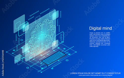 Digital mind, artificial intelligence, digital technology flat 3d isometric vector concept illustration