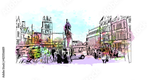 Building view with landmark of Durham is a city in North Carolina. Watercolor splash with hand drawn sketch illustration in vector.