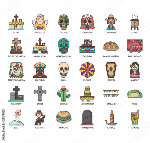 Set of day of the dead thin line and pixel perfect icons for any web and app project.