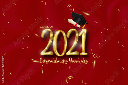 Class of 2021 graduation banner with golden number, confetti, diploma and cap graduation.