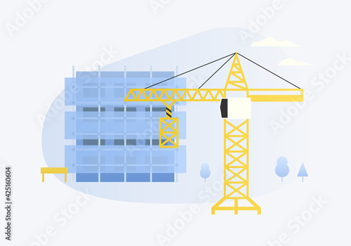 Vector illustration of building construction site and crane.