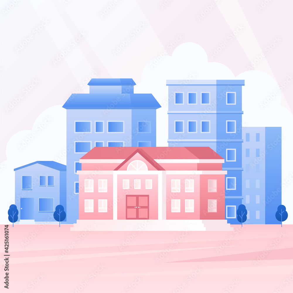 Vector illustration of the cityscape with school and houses.