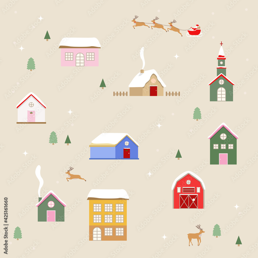 Vector illustration pattern design of a small rural village for Christmas.