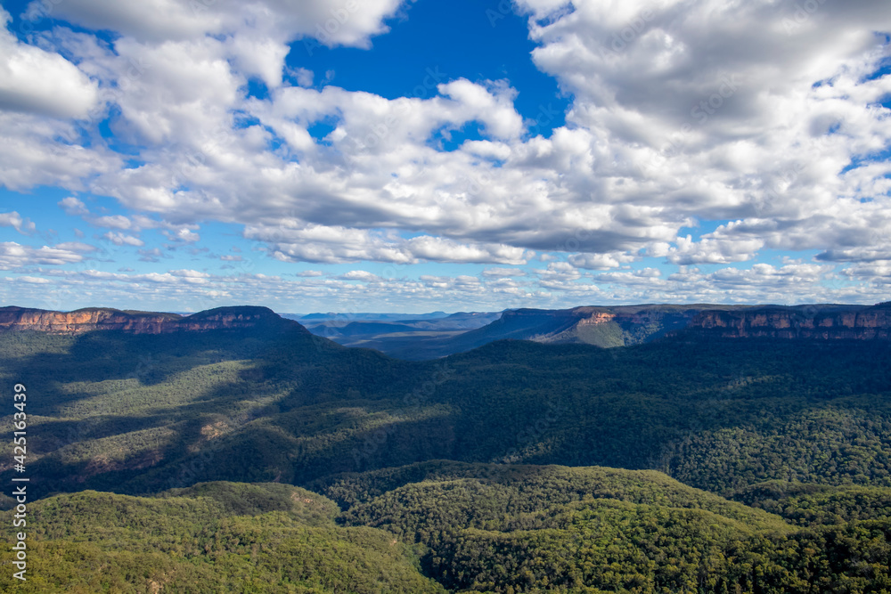 Blue Mountains, Australia. Echo Point Lookout. Deep valley with clouds. 