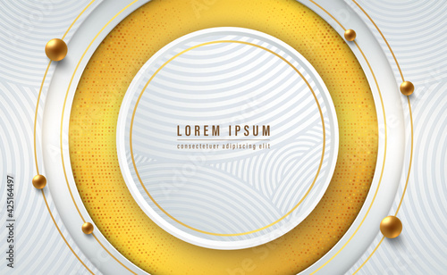 White paper cut, gold line with circle patterns and gold spheres. Abstract gold background textured with radial golden halftone pattern. Vector illustration