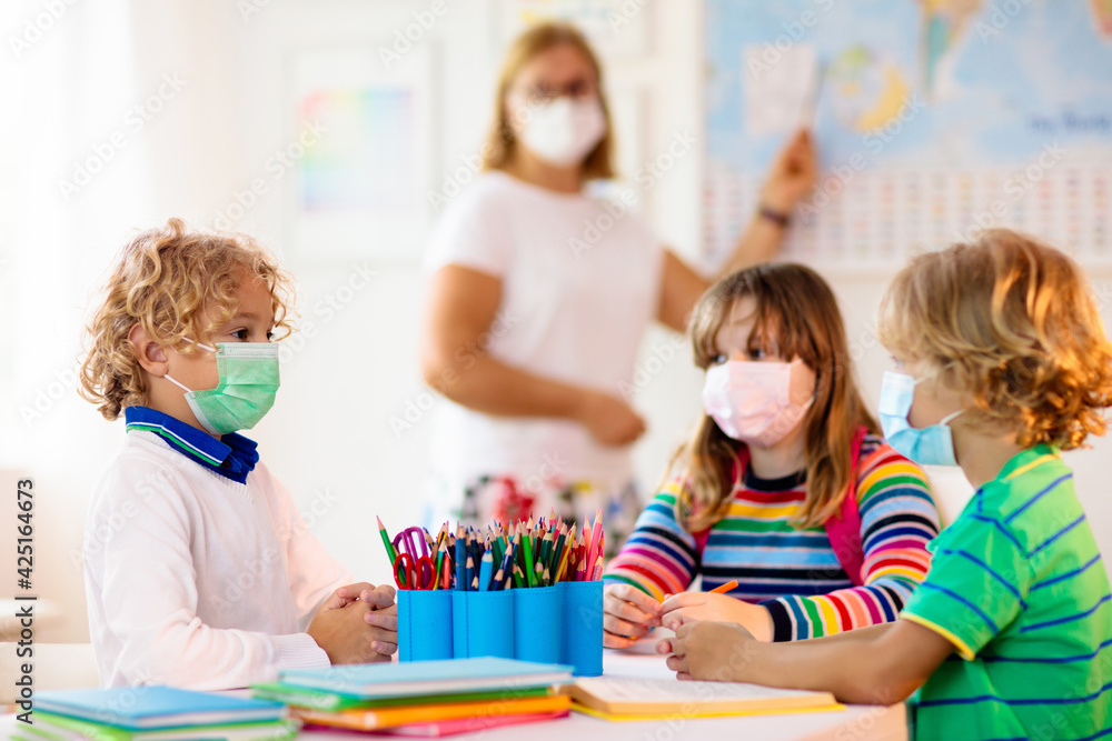Fototapeta premium Kids on first school day after quarantine.