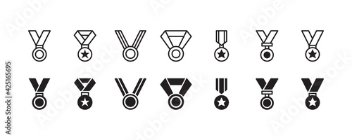 Medal, medallion, award, reward icon set. Vector graphic illustration. Suitable for website design, logo, app, template, and ui.  