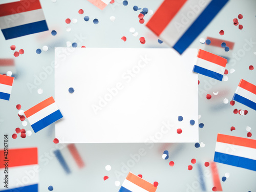 Netherlands King's birthday, liberation day. flags on a foggy background. The concept of freedom, patriotism and memory. National Unity and Solidarity Day. mockup