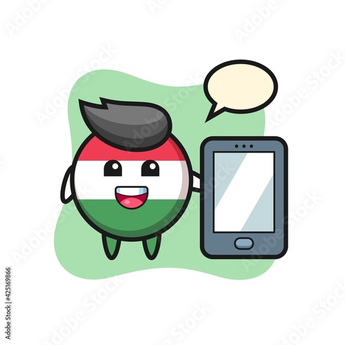 hungary flag badge illustration cartoon holding a smartphone