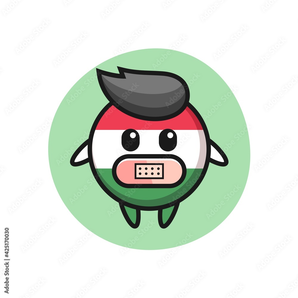 Cartoon Illustration of hungary flag badge with tape on mouth