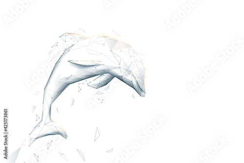 Dolphin jumping. Low poly, geometric, wire, Particles, lines, and triangles outline. Vector illustration