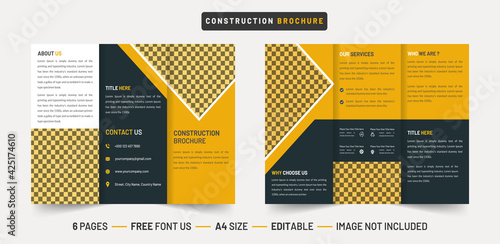 Construction trifold brochure with orange shape layout. trifold brochure template design