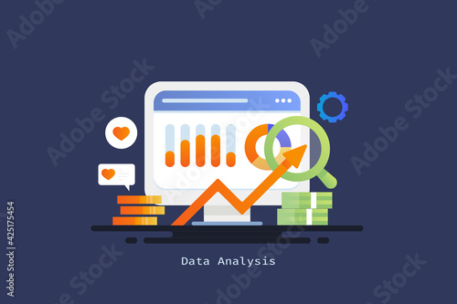 Data analytics concept. Business graph, chart, diagram, statistics on dashboard, computer screen. Marketing, finance, investment return calculation process. 