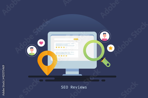 SEO review concept. Customer review and feedback with star rating  on search engine result page. Product and service review for online business.
