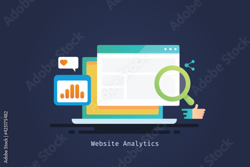 Web traffic analytics, seo report, data analysis, business graph, social media metrics, financial information concept. Flat design vector illustration.