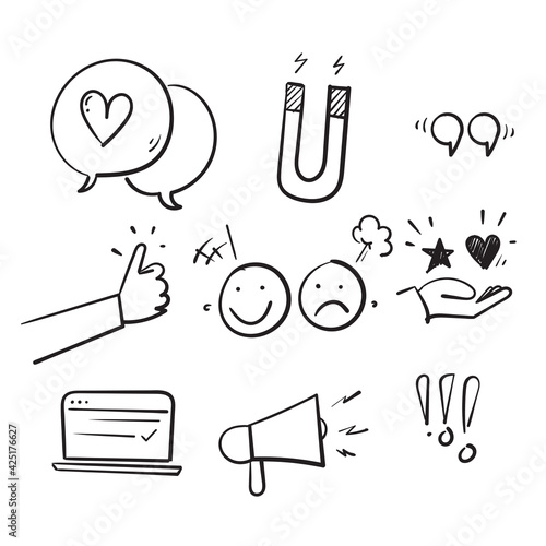 hand drawn doodle set of feedback icons, research, comment, review, customer, survey, social media isolated background