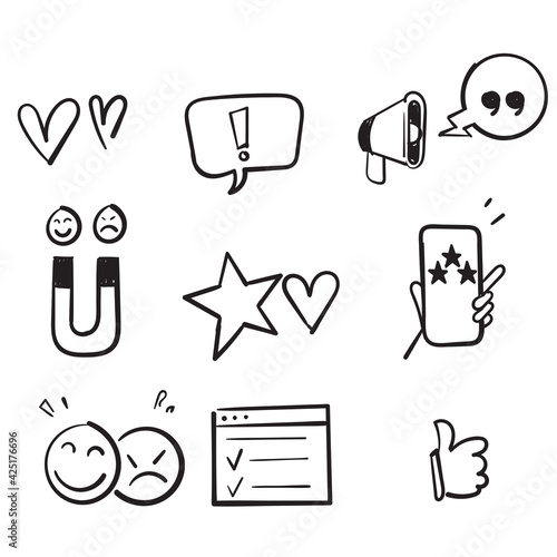 hand drawn doodle set of feedback icons, research, comment, review, customer, survey, social media isolated background