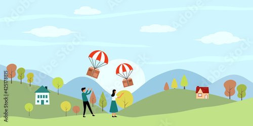 Couple catching parcel box falling down with parachute from sky with countryside landscape on background. Package air mail express delivery concept.