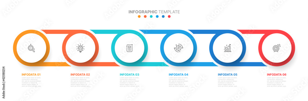 Timeline infographic template with Connection circles shape. Business concept with 6 steps, icons or options. Vector illustration. Can be used for workflow diagram, presentation, brochure.