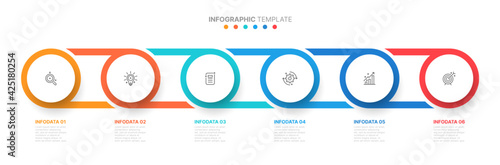 Timeline infographic template with Connection circles shape. Business concept with 6 steps, icons or options. Vector illustration. Can be used for workflow diagram, presentation, brochure.