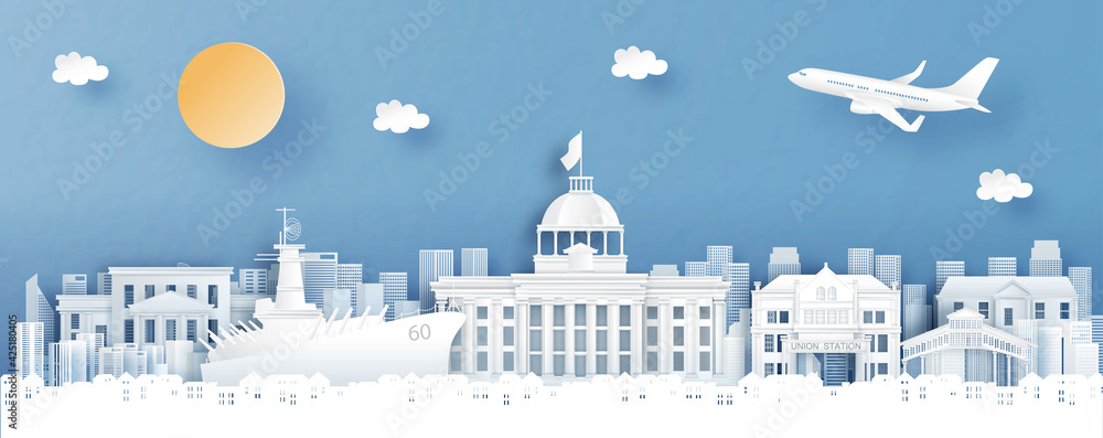 Panorama view of Alabama, United States of America with city skyline with world famous landmarks in paper cut style vector illustration