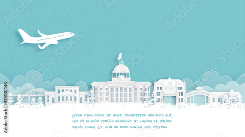 Travel poster with Welcome to Alabama, United States of America famous landmark in paper cut style vector illustration.