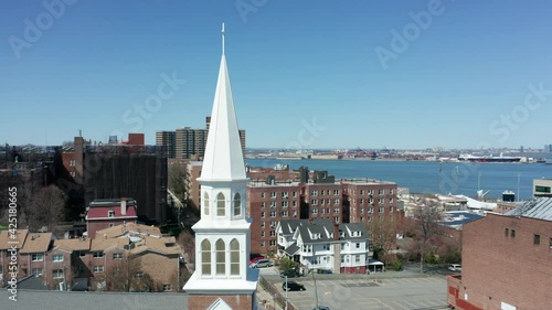 Flying clockwise around Brighton Heights Reformed Church in Staten Island