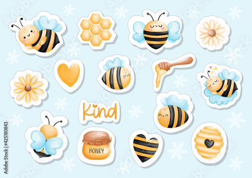 Watercolor Honey bee sticker, Digital paint vector illustration. 