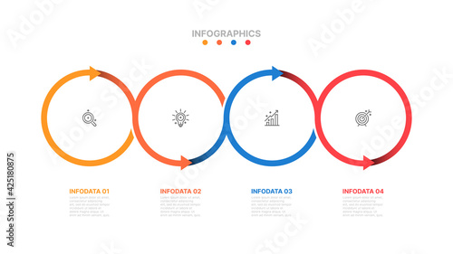 Business infographic for presentation. Timeline with 4 steps, number options, circle, arrow. Can be used for workflow diagram, report, web design.