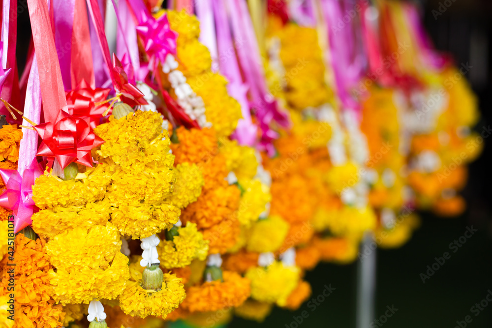 Beautiful Flower Garland with Fresh Flower in Thai Style ,For worshiping the faithful in religion. aroma-fragrance , Selective Focus