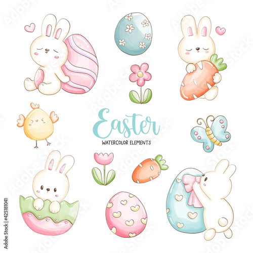 Happy Easter day with cute bunny and Easter eggs. Vector Illustration 