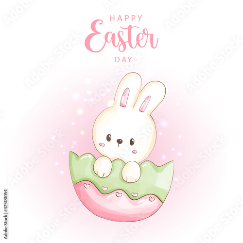Happy Easter day with cute bunny and Easter eggs. Vector Illustration 