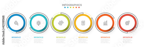 Presentation business infographic template with 6 options, linear, marketing icons. Vector illustration. Can be used for workflow layout, diagram, annual report, chart, web design. 