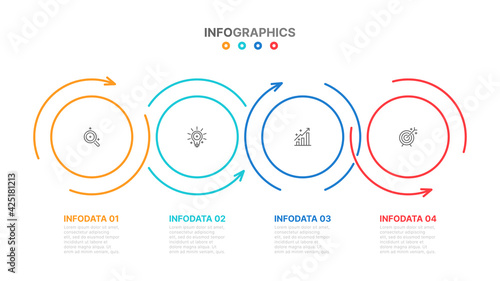 Timeline infographic template. Business concept with 4 steps, options, circle, arrow. Vector illustration. Can be used for workflow diagram, chart, report, presentation, web design. 