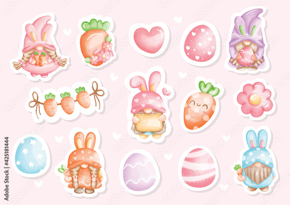 Watercolor Happy Easter day Stickers with cute gnome and Easter's Elements, Vector illustration. 