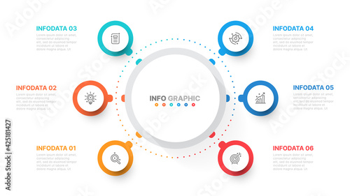 Business infographic template design with  circle and icons process step with 6 options. Can be used for workflow diagram, presentation or web design. Vector illustration.