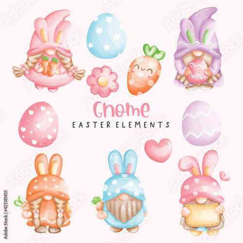 Happy Easter day with cute gnome and Easter eggs. Digital paint, Vector Illustration 