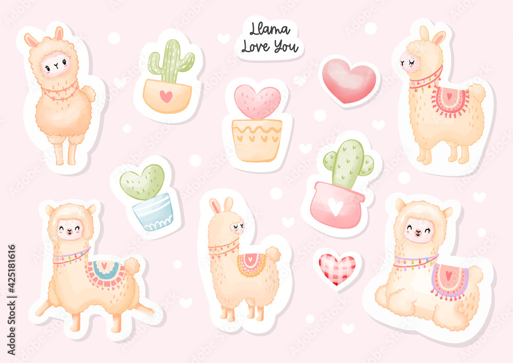 Fototapeta premium Llama love you sticker, Cute lama and cactus pot. Watercolor Vector illustration